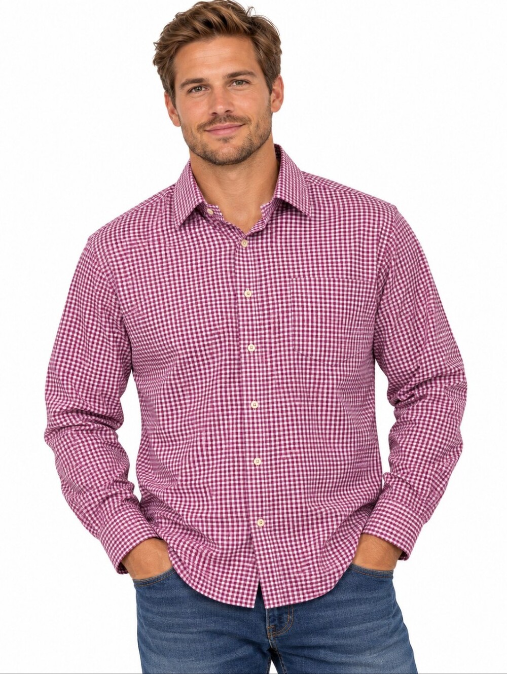 Peter Millar Mens Button Down Shirt Cotton Magenta Purple Gingham Size Xlarge